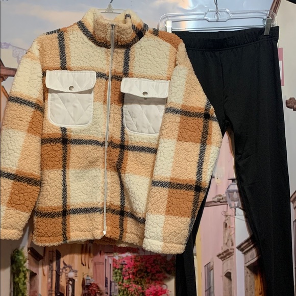 Plaid Sherpa Jacket - Cream and Tan - Picture 1 of 11